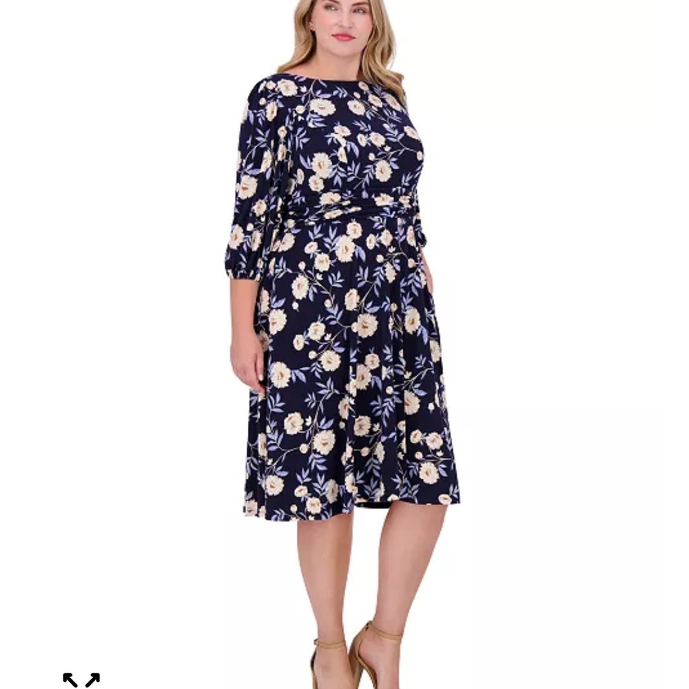 Jessica Howard Plus Size 18W Floral-Print Gathered-Waist Dress Navy Blue